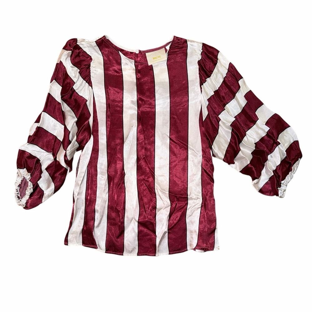 Maeve by Anthropologie red white satin block stripe blouse balloon sleeve size 2